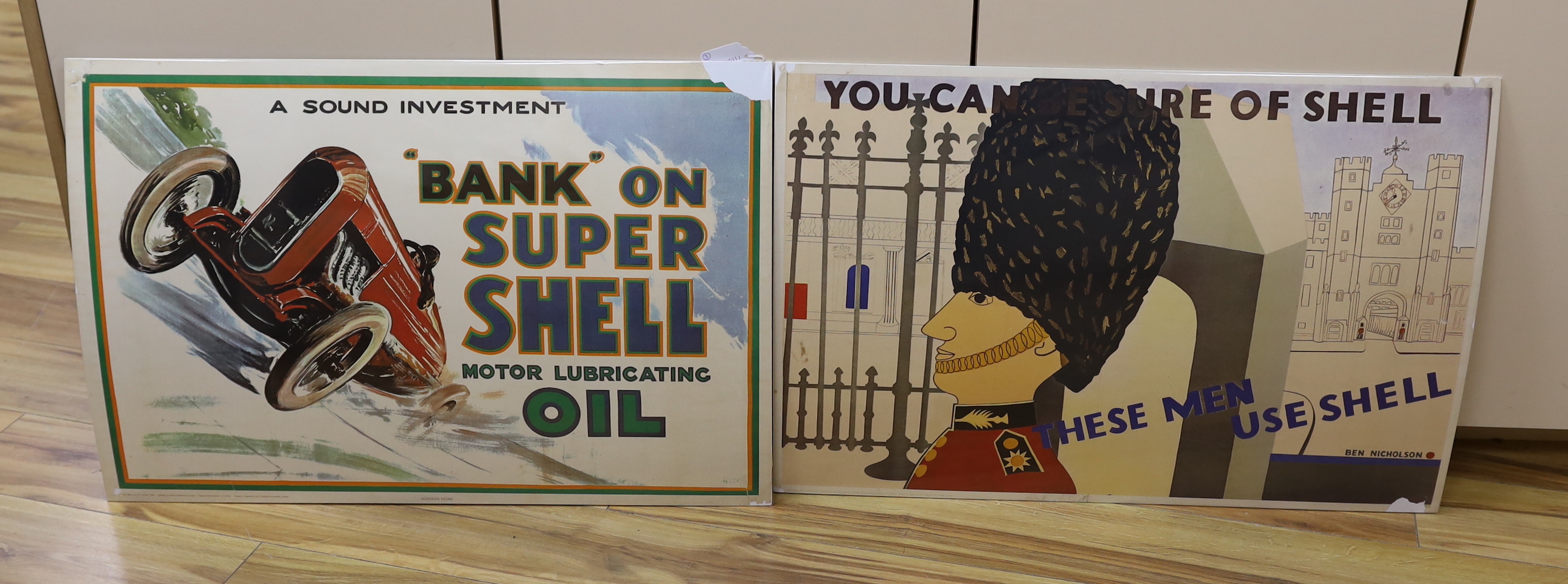 Two 1960's Shell Oil advertising posters, one with artwork by Ben Nicholson, both published by Royle Publications Ltd, 1969, both in protective card-backed transparent slips 65cm x 50cm